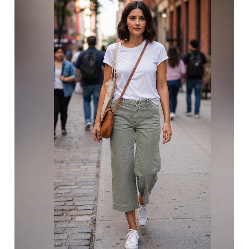 Daily Ritual Olive Green Wide Leg Cropped Chino Pants Size 6 Earthy‎ Sustainable